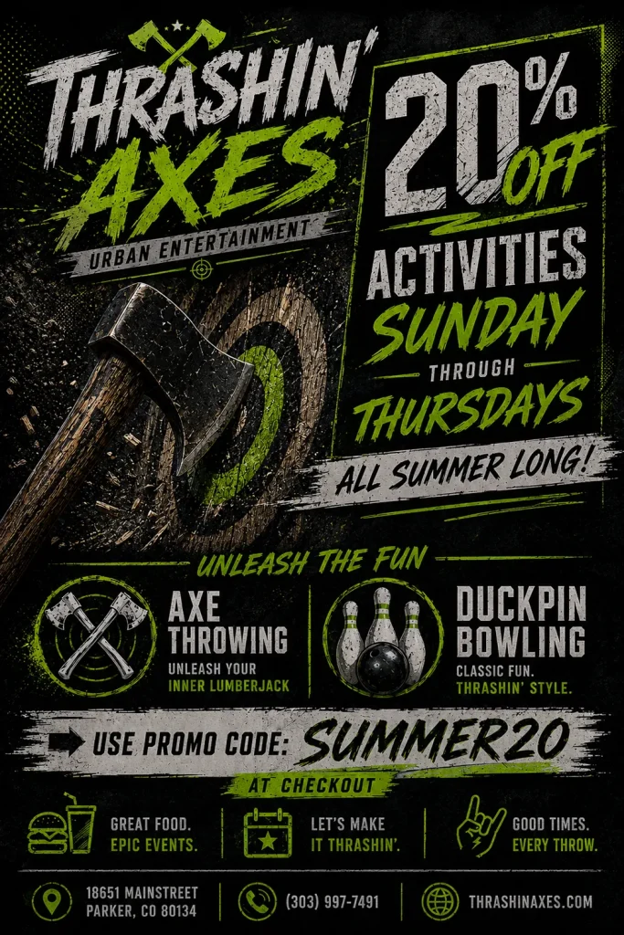 Summer special, 20% off activities at Thrashin Axes